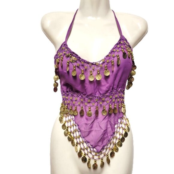 Purple Belly Dancing Top Crocheted with Gold Beads Coins Halter Crop Top - Picture 2 of 6
